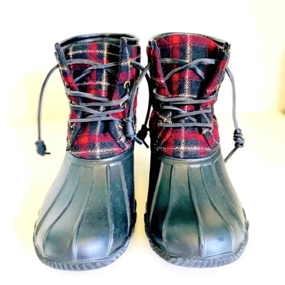 Seven7 Wool Goose Quilted Lace Up Rain Boot Plaid… - image 3